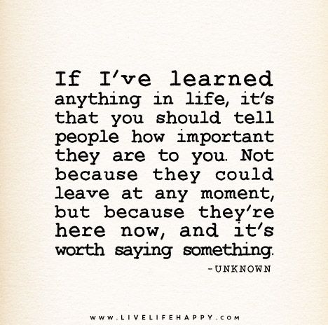 If I’ve learned anything in life, it’s that you should tell people how important they are to you. Not because they could leave at any moment, but because they’re here now, and it’s worth saying something. – Unknown Live Life Happy, Words Worth, Love Me Quotes, Quotable Quotes, A Quote, Great Quotes, Wisdom Quotes, Inspirational Words, Cool Words