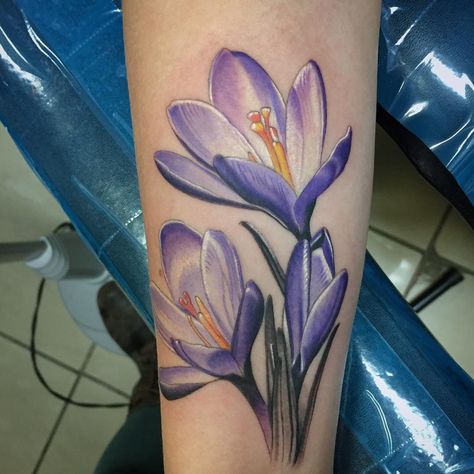 Fancy crocuses #eternalink #medtatt #tattoo #flowertattoo #flower #michigantattooers… Crocus Nail Art, Crocus Tattoo Design, Crocus Flower Tattoo, Crocus Tattoo, Tattoo 2024, Lily Flower Tattoos, Flower Tattoo Meanings, Arm Tats, Ankle Tattoos For Women