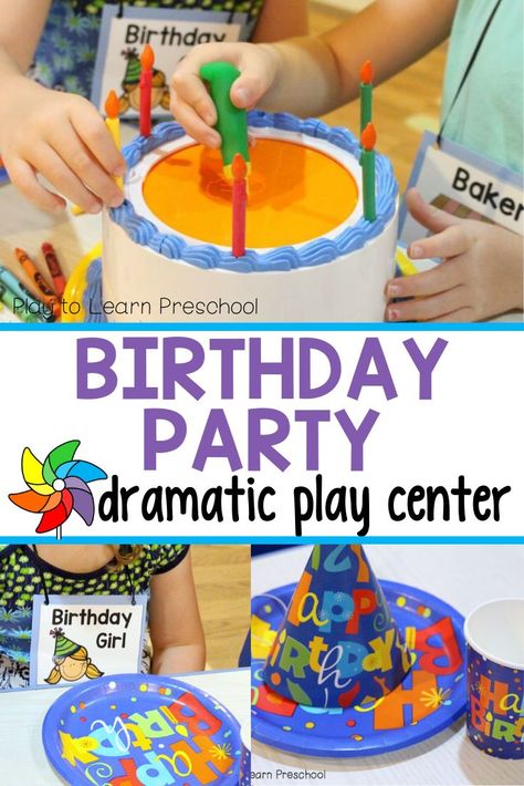 Dramatic play centers are great for preschool because they provide great opportunities for children to interact, talk, problem solve, read, write and even practice early math skills. Here is an idea that is simple and quick and will keep your children playing for hours… a pretend birthday party! #dramaticplay #preschool #pretendplay Birthday Dramatic Play Center, Dramatic Center Preschool, Birthday Preschool Theme, Birthday Party Dramatic Play, Preschool Dramatic Play Center, Party Dramatic Play, Preschool Dramatic Play, Preschool Birthday, Play Preschool