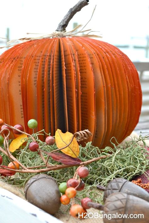 DIY fall book pumpkin by H2O Bungalow, featured on Funky Junk Interiors Orange Books, Library Makerspace, Book Pumpkin, Decor Pumpkins, Pumpkin Diy, Pumpkin Books, Vibrant Decor, Beautiful Halloween, Easy Fall Decor