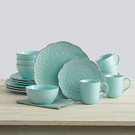 Teal Dinnerware, Farmhouse Dinnerware Sets, Temptations Bakeware, Farmhouse Dinnerware, Blue Dinnerware Sets, Dinnerware Set Modern, Condo Decor, Blue Dinnerware, Modern Dinnerware