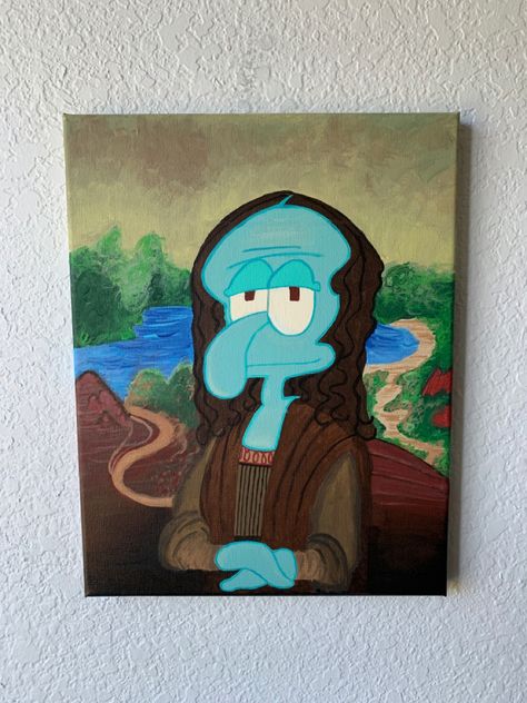 Mona Lisa Squidward, Paintings In Squidwards House, Funny Painting Ideas On Canvas Aesthetic, Painting Ideas On Canvas Vintage, Paintings Characters, Funny Paintings Ideas, Shrek Painting Ideas, Funny Cartoon Paintings, Funny Acrylic Paintings