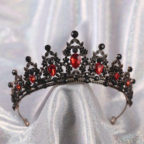 Red Tiara Crowns, Red And Black Quince Crown, Black And Red Crown Queen, Red And Black Tiara, Red Crown Aesthetic, Crown With Red Jewels, Dark Red Crown, Black And Red Crown, Red Crowns