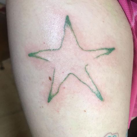 All Green Tattoo, Green Star Tattoo, Blue Stars Tattoo, Star Tattoo Cover Up, Green Ink Tattoo, Green Tattoo Ink, Star Tattoo On Shoulder, Green Tattoo, Tattoo Ink Colors