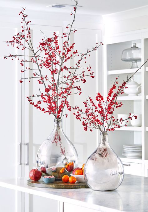 Mercury Glass Vase with holly berry branches Magnolia Garland, Christmas Vases, Holiday Greenery, Christmas Greenery, Vase Arrangements, Holly Berries, Christmas Floral, Mercury Glass, Southern Living