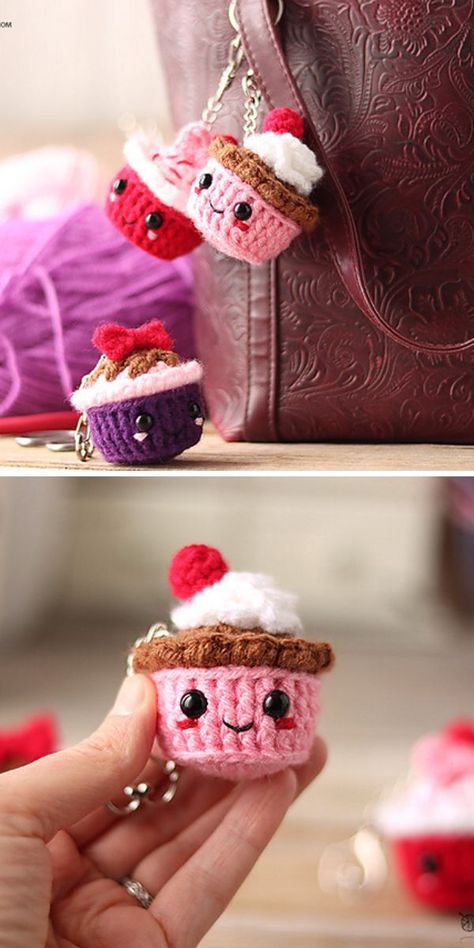 Displaying Crochet Items, Crochet Cupcake Keychain Free Pattern, Cupcake Keychain Crochet, New Handmade Ideas, Cupcake Amigurumi Free Pattern, Crochet Sweets Free Patterns, Crochet Keychain Pattern Free Simple, Crochet Gifts For Teenage Girl, Candy Crochet Pattern Free