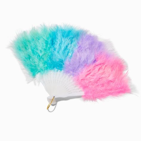 Need a little breeze on your face? Wave this feathery fan to cool yourself off... and look so elegant and regal doing it! It features fluffy feathers in bright pastels. Length: 12 in. / 30.48 cm.Material: Feathers, Plastic - Claire's Bright Pastel Feather Fan Christmas Present List, Magical Bedroom, Barbie Party Decorations, Rainbow Unicorn Party, Rapunzel Party, Glitter Slime, Feather Fan, Dress Neck Designs, Bright Pastels