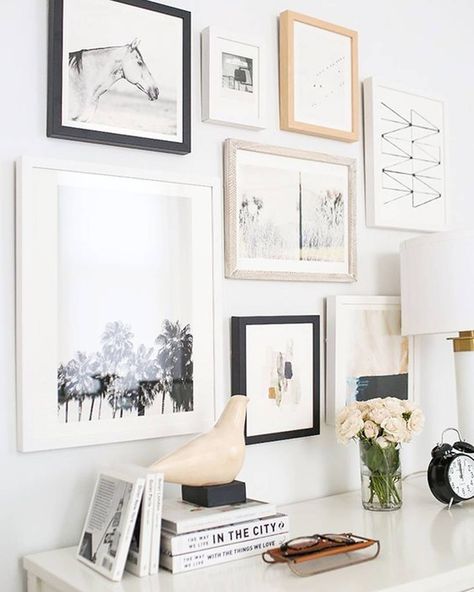 The key to wall art is to mix and match frame colors, sizes and content on the prints. Black and White always seems to make the most impact. Love!   #zachosdesigngroup Minimalist Dekor, Gallery Wall Inspiration, Ideas Hogar, Trendy Bedroom, Collage Wall, Cool Ideas, Wall Ideas, Inspiration Wall, Minimalist Decor