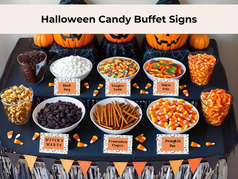 Get ready for the spookiest Halloween party with these festive Halloween candy buffet cards! Perfect for your Halloween birthday celebration or a themed gathering, these food tent cards will add a special touch to your decor. With fun and vibrant Halloween prints, these candy buffet labels will help you organize your buffet table in style. Each card comes with a unique Halloween food label, making it easy for your guests to identify their favorite treats. Make your Halloween buffet stand out wit Best Halloween Party Decorations, Halloween Candy Buffet Ideas, Halloween Movie Party Food, Halloween Food Decor, Halloween Ladies Night, Halloween Themed Birthday Party Food, Halloween Party Candy Table, Halloween Costume Birthday Party, Candy Table Halloween Party