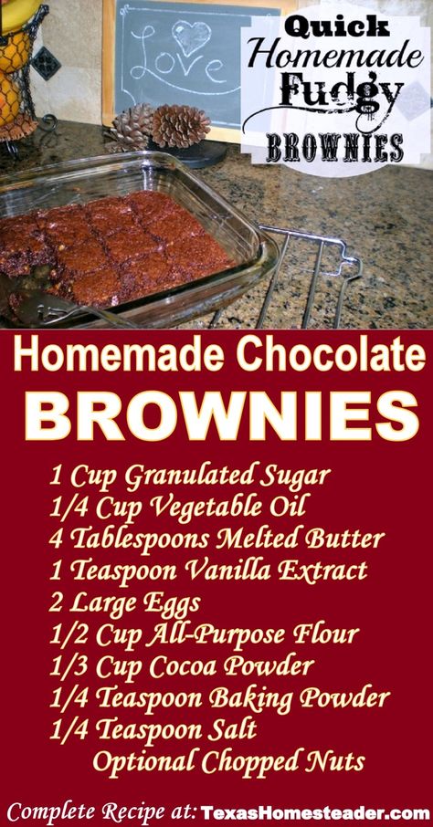 Rich, Decadent Chocolate Brownie Recipe. ~ Texas Homesteader ~ Homemade Box Brownies, Hersheys Chocolate Brownies, Vintage Brownie Recipe, Brownies Recipe Homemade Without Chocolate Chips, Homade Brownies From Scratch, Easy Brownie Recipe No Chocolate Chips, Hersheys Brownie Recipe, Homemade Chocolate Brownies, Brownies Recipe Homemade Cocoa Powder