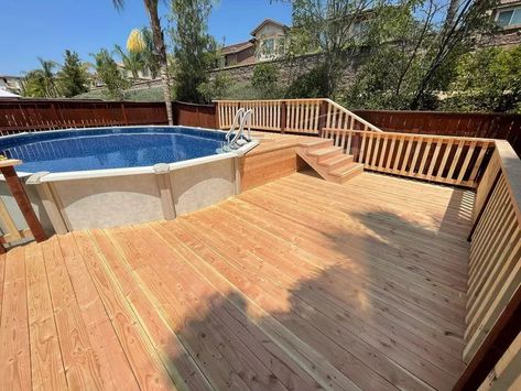 27 Above-Ground Pools With Decks for Your Outdoor Space Pools With Decks, Deck Decor Ideas, Pool Deck Decor, Oval Above Ground Pools, Outdoor Patio Ideas Backyards, Round Above Ground Pool, Oval Pool, Pool Deck Plans, Pool Deck Ideas