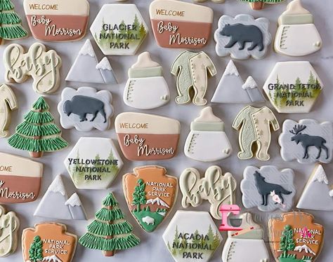 National Park Birthday Cookies, Mountain Shower Theme, Outdoor Themed Cookies, Outdoorsy Gender Reveal, National Park Cookies Decorated, National Park Baby Shower Cookies, National Park Shower Theme, Little Adventurer Baby Shower Theme, Happy Little Camper Baby Shower Theme