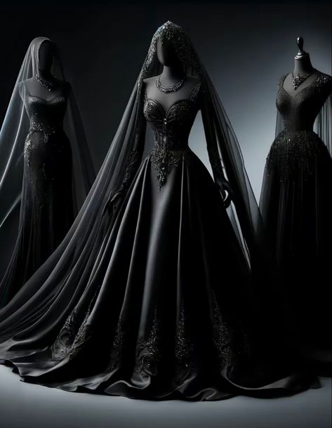 Black Wedding Dress Gothic Lace Gowns, Modern Goth Fashion, Goth Wedding Aesthetic, Masculine Wedding Dress, Vintage Gothic Wedding Dress, Mideavel Aesthetic, Black Fantasy Gown, Goth Ball Gown, Black Bridal Gown