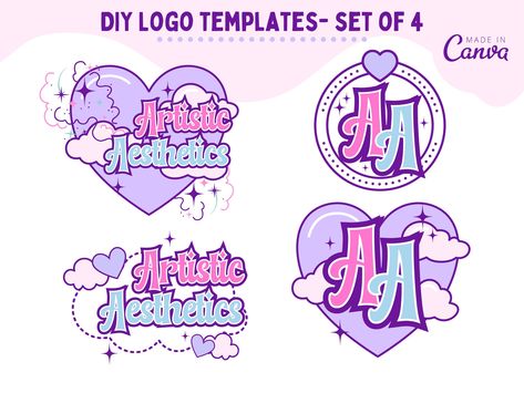 "All 4 Logos are included in this bundle. Our templates are designed to save you time, money and are fully customizable to achieve your own personal style. Edit your own custom logo with your business name. You can delete, move, or add elements, change colors and sizing as you desire.  **Instant download for digital template using Canva. No item will be shipped out.** Templates are fully customizable and very simple to use. No need to download any softwares or fonts. This is a template for Canva Canva Logo Template, Pink Logo Ideas, Canva Logo Ideas, Cute Canva Fonts, Kawaii Logo Design, Personal Logo Ideas, Digital Logo Design, Pastel Logo, Cute Logos