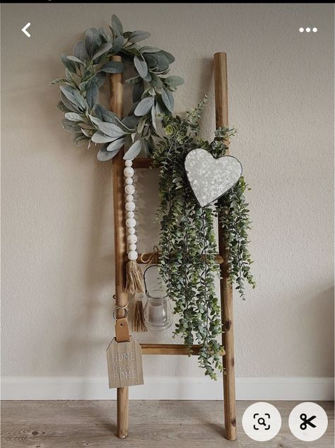 How To Decorate Ladders Display Ideas, Small Wooden Ladder Decor, Ladder Living Room Decor, Other Uses For Blanket Ladder, Parisian Farmhouse Decor, Farmhouse Ladder Decor Ideas, Latter Decorations, Dollar General Farmhouse Decor, Lader Decoration Living Room