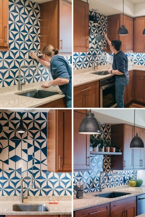 20 Cheap Backsplash Ideas DIY [Do Within Minutes] – craftydiyers.com Fully Tiled Kitchen Walls, Stenciled Kitchen Backsplash, Backsplash With No Upper Cabinets, Peal And Stick Bathroom Wall Tile, Kitchen Stencil Ideas, No Backsplash Kitchen, Cheap Backsplash Ideas Diy, How To Tile Backsplash, Back Splashes Ideas For Kitchen Diy