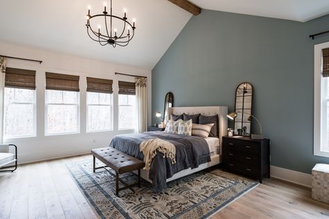 Raised Ceiling Bedroom, Accent Wall Vaulted Ceiling, Vaulted Ceiling Bedroom, Vaulted Ceiling Ideas, Bedroom Accent Wall, Bedroom Board, Timeless Farmhouse, Owners Suite, Vaulted Ceiling Living Room