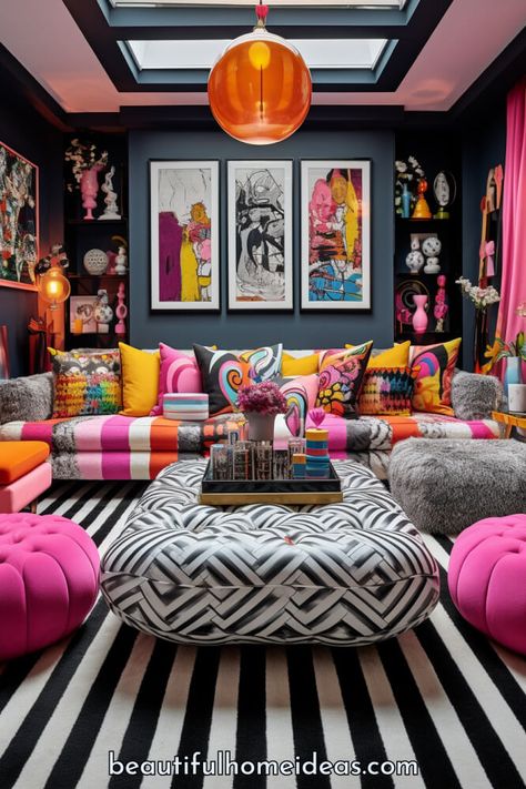 28 Maximalist Living Room Ideas For A Beautiful Living Space - Beautiful Home Design Ideas Gray Maximalist Living Room, Grey Maximalist Living Room, Maximalist Living Room Apartment, Artist Living Room Inspiration, Maximalist Family Room, Maximalist Interior Living Room, Colorful Minimalist Living Room, Living Room Designs Colorful, Funky Living Room Ideas