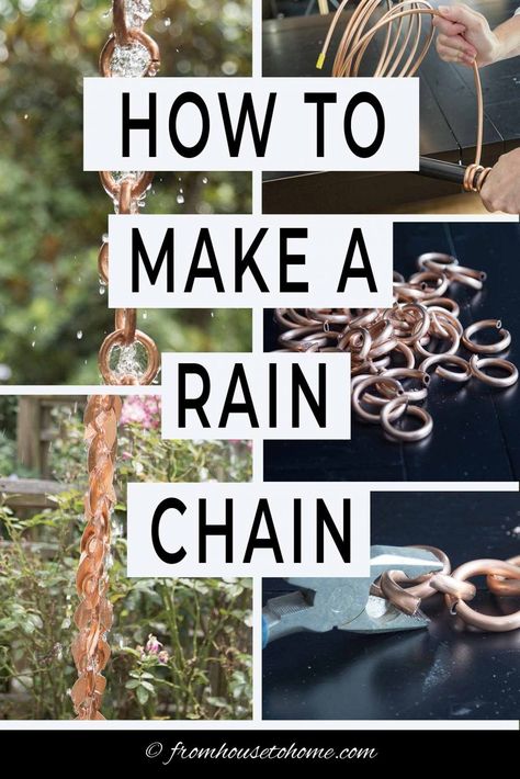 Rain Chains Ideas, Make A Rain Chain, How To Make A Rain Chain, Rain Chain Installation, Rain Chain Diy, Rain Chain Garden, Copper Rain Chain, Chain Tutorial, Copper Rain Chains