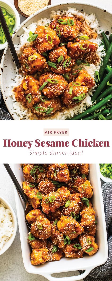 This saucy, delicious air fryer honey sesame chicken is ready in 30 minute and tastes deep-fried, but it's actually made in the air fryer! Chicken Air Fried Recipes, Air Fryer Healthy Chicken, Chicken And Rice Recipes Air Fryer, Dinner Recipe Air Fryer, Air Fry Lunch, Air Fryer Winter Recipes, Made In, Honey Chicken Air Fryer Recipes, Air Fry Asian Chicken