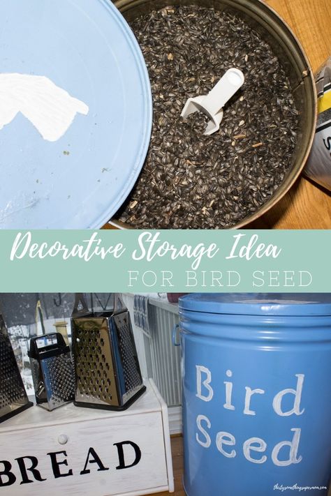 DIY Decorative Bird Seed Storage made from an upcycled rusted out container. Plus enter the giveaway to win your own stencils! Bird Seed Storage Ideas, Bird Food Storage Ideas, Bird Seed Storage, Painted Trash Cans, Household Necessities, Seed Storage, House Organization, Seed Bread, Diy Birds