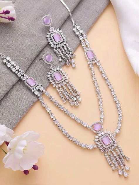 Traditional Bridal Jewelry, Jewelry For Wedding, Pink Pendant, Gala Dinner, Jewellery Sets, Lavender Purple, Silver Spring, American Diamond, Pendant Set