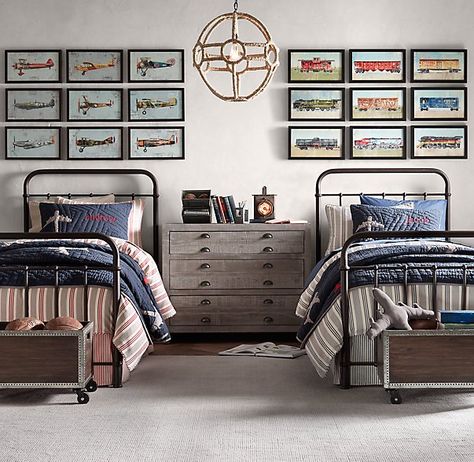 Restoration Hardware bedding Shared Boys Rooms, Design Ložnic, Restoration Hardware Baby, Two Twin Beds, Striped Duvet Covers, Twin Beds, Iron Bed, Boys Bedroom Decor, Boy Bedroom