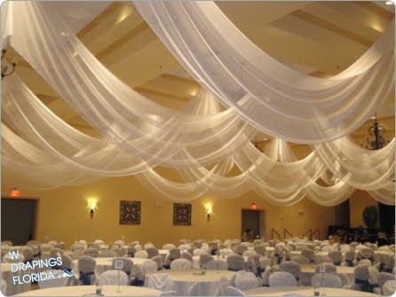 W Drapings Florida: Ceiling Drapings and Wedding Chiffon: Custom Chiffon Ceiling Draping + Wedding Reception at Arlington Ridge Golf Club in Leesburg, Florida. Draping Wedding Reception, Ceiling Draping Wedding, Ceiling Swag, Reception Ceiling, Auction Decor, Wedding Ceiling Decorations, Draping Ideas, Graduation Desserts, Wedding Draping