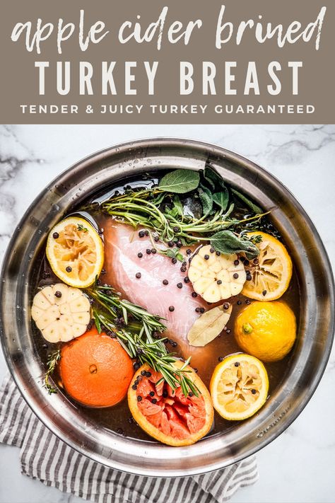 This simple apple cider brined turkey breast will take your Thanksgiving turkey to the next level. Not only does it infuse the meat with flavor, but it presents you with the juiciest and most tender turkey breast you’ll ever taste. It’s a foolproof holiday dinner! #brinerecipe #turkeybrine #turkeybreast #thanksgivingturkey #thanksgivingrecipes #applecider Quick Chicken Brine, Smoked Turkey Brine, Mesquite Chicken, Easy Turkey Brine, Chicken Brine, Chicken Parts, Brine Recipes, Sleeve Tattoos For Black Women, Broiled Chicken Breast