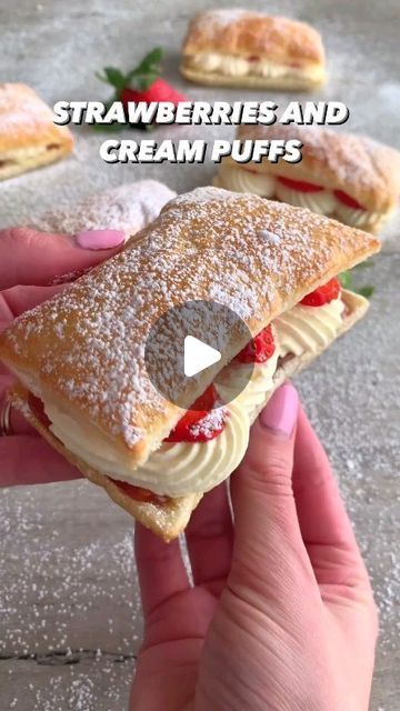 Strawberry And Cream Puff Pastry, Pie Pastry Recipe, Food Reels, Cream Pastry, Puff Pastry Cream Puffs, Sweet Whipped Cream, Strawberry And Cream, Food Post, Double Cream