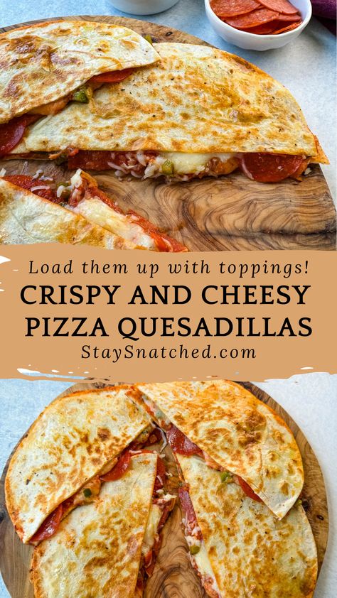 Enjoy a fusion of flavors with these delicious pepperoni pizza quesadillas! Crispy tortillas are filled with melty mozzarella, savory pepperoni, and zesty pizza sauce, creating a delicious twist on two classic favorites. Perfect for a quick lunch, easy dinner, or party appetizer, this recipe is sure to please both kids and adults alike. Pepperoni And Cheese Quesadilla, Pizza On A Tortilla Recipe, Pizza Quesadillas Recipes, Healthy Pizza With Tortilla Wraps, Tortilla Quesadilla Recipes, Pizza Using Tortillas, Pepperoni Pizza Quesadillas, Pizza Quesadillas, Pizza Quesadilla