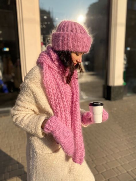 Pink Hat Scarf Set Pink Mohair Hat Fluffy Hat Luxury Scarf - Etsy Knitted Beanie Aesthetic, Pink Hat Outfit, Crochet Beanie And Scarf Set, Winter Mohair Knitted Hat, Pink Scarf Outfit, Winter Crochet Ideas, Crochet Scarf Pink, Hand Knitted Mohair Scarf For Winter, Fluffy Beanie