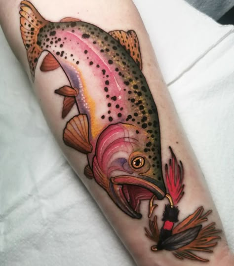 𝙺 𝚈 𝙻 𝙰 𝙴 𝚅 𝙰 𝙽 𝚂 on Instagram: “Rainbow trout for my mama. We're Newfie, and fishing is in our blood 🎣 . . . . . #neotraditional #neotraditionaltattoo #neotradcanada…” Neo Trad Fish Tattoo, Rainbow Trout Tattoo Traditional, American Traditional Trout Tattoo, Cod Fish Tattoo, Reef Fish Tattoo, Rainbow Trout Illustration, Neotraditional Fish Tattoo, American Trad Animal Tattoo, Bluegill Tattoo