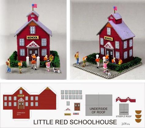 School Diorama, Paper Models House, Red School House, Paper Buildings, Miniature School, Coffee Shop Signs, Free Paper Models, Model School, Christmas Houses