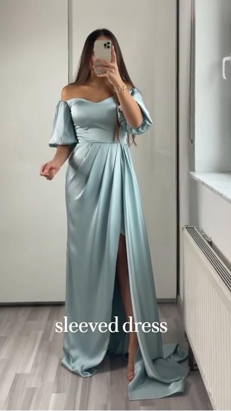 Bridesmaids Gowns With Sleeves, Sleeved Prom Dresses, Sleeves Bridesmaid Dresses, Dress For Chubby Ladies, Dress For Chubby, Bridesmaids Gowns, Bridesmaid Dresses Satin, Dress Couture, Bridesmaid Dresses With Sleeves