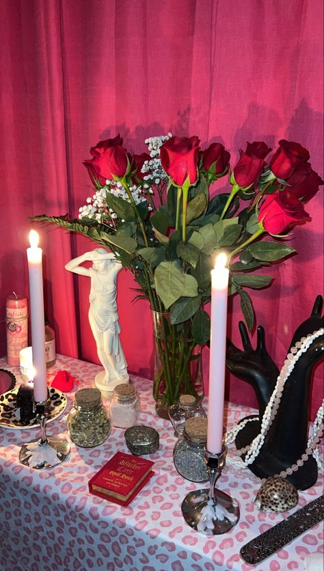 Lovewitch Aesthetic, The Love Witch Decor, Witchcraft Beauty, Cherry Maraschino, Love Alter, Aphrodite Witchcraft, Aphrodite Aesthetic Dark, Aphrodite Altar Ideas, Incense Aesthetic