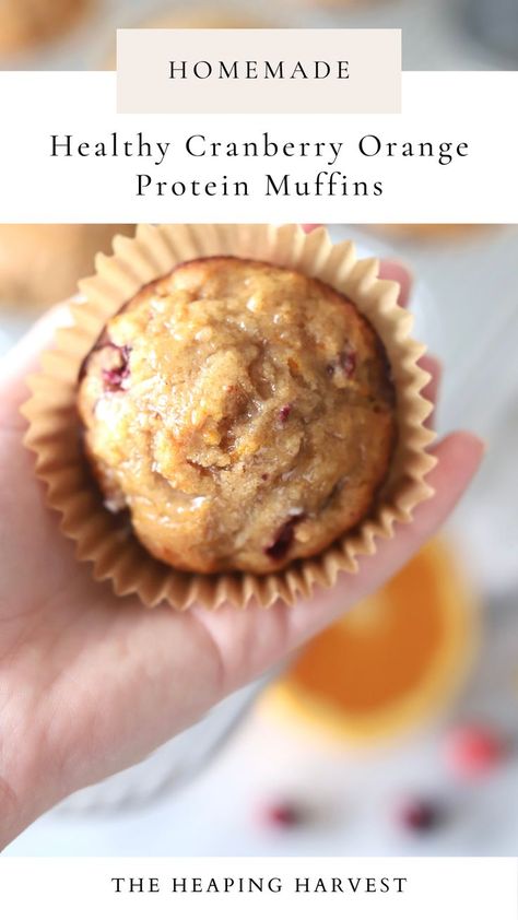 These amazingly delicious and protein packed muffins are the perfect addition to your breakfast table! Made with delicious orange zest, tangy cranberries, and whole wheat flour, these muffins taste good, are healthy for you, and will fuel your day! Get the whole recipe at theheapingharvest.com/recipes #healthyrecipes #healthyeating #healthybreakfast #healthybreakfastrecipes #healthymuffinrecipes #healthymuffins #cranberryorange #proteinpacked #healthylifestyle Healthy Cranberry Recipes, Postpartum Muffins, Cranberry Orange Mini Muffins, Cranberry Protein Muffins, Apple Cranberry Muffins Healthy, Healthy Orange Cranberry Muffins, Cranberry Recipes Healthy, Orange Muffins Recipes Healthy, Healthy Cranberry Orange Muffins