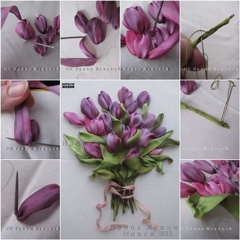 DIY Ribbon Embroidery Tulip Silk Ribbon Embroidery Tutorial, Sulaman Pita, Silk Ribbon Embroidery Patterns, Ribbon Embroidery Kit, Making Fabric Flowers, Ribbon Embroidery Tutorial, Diy Bead Embroidery, Hand Embroidery Kit, Hand Embroidery Tutorial