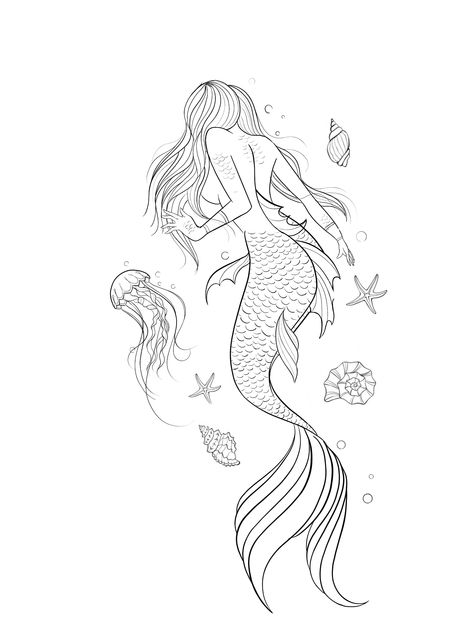 Mermaid Tattoo Sketch, Mermaid Sketch Simple, Mermaid Outline Drawing, Mermaid Tattoo Designs Sketches, Mermaid Tattoo Drawing, Fine Line Mermaid Tattoo, Mermaid Tattoo Ideas For Women, Mermaid Line Art, Easy Mermaid Drawing