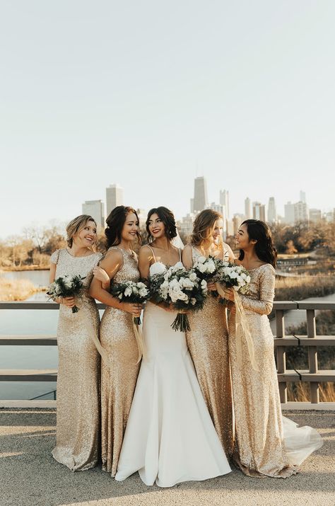 Glam Bridesmaid Dresses, Sparkly Bridesmaids, Sparkly Bridesmaid Dress, Glam Bridesmaid, Winter Bridesmaids, Dresses Gold, Wedding Chicago, Sequin Bridesmaid, Gold Bridesmaid Dresses