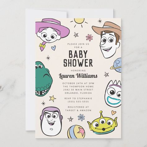 Invite all your family and friends to your Baby Shower with these sweet invites featuring all your favorite Toy Story characters. Personalize by adding all your shower details! Toy Story Invitations, Toy Story Party Decorations, Toy Story Baby, Toy Story Theme, Disney Baby Shower, Toy Story Characters, Toy Story Birthday Party, Birthday Toys, Toy Story Birthday