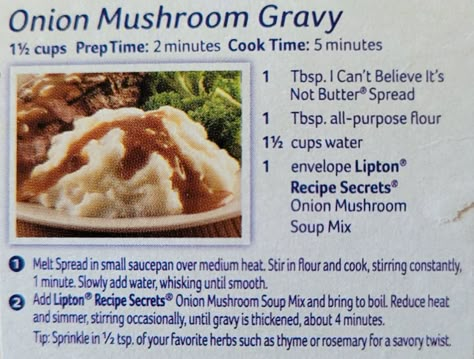 Lipton Recipe Secrets, Lipton Onion Soup Mix Gravy Recipe, Onion Soup Mix Gravy Recipe, Lipton Onion Mushroom Soup Mix Recipes, Lipton Onion Soup Gravy Recipe, Onion Soup Mix Gravy, Lipton Recipes, Lipton Onion Soup Recipes, Onion Soup Mix Recipe