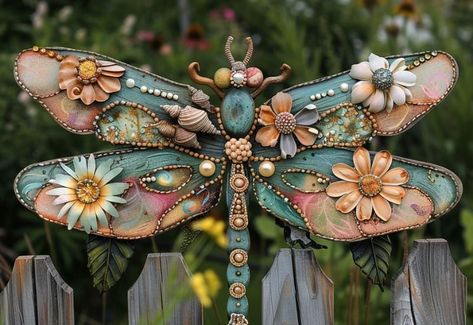 DIY Dragonfly Yard Art: Transform Old Fan Blades into Whimsical Garden Decor Dragonfly From Fan Blades, Ceiling Fan Dragonfly Diy, Garden Art Diy Whimsical, Ceiling Fan Blade Crafts, Fan Blade Dragonfly, Diy Dragonfly, Dragonfly Sculpture, Fan Blade Art, Dragonfly Yard Art