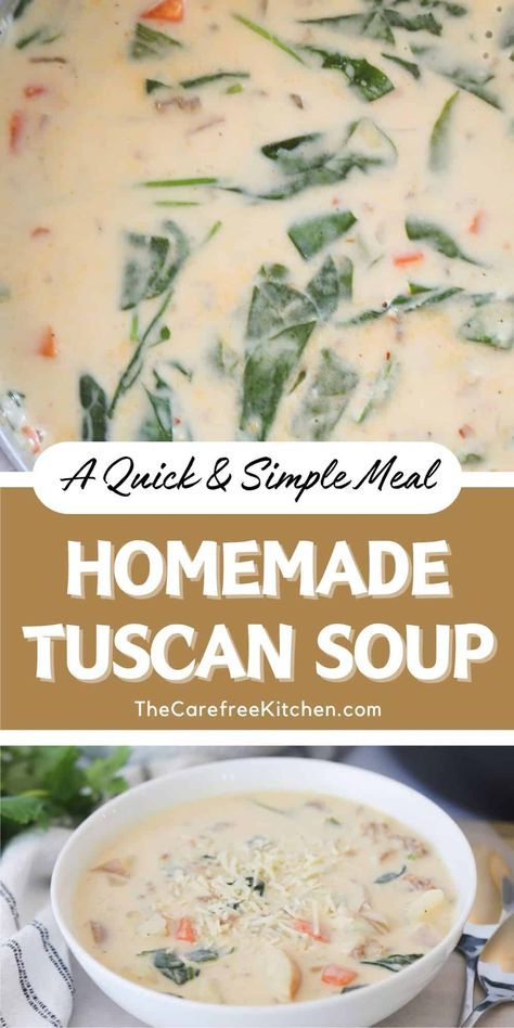 This hearty Tuscan Soup is full of Italian sausage, potatoes, carrots and spinach all swimming in a rich and creamy chicken broth. #soup #olivegarden #zuppatoscana #italian #crockpot #slowcooker #easy #sausage #hearty Potato Soup With Spinach, Italian Spinach Soup, Spinach Soup Recipe Creamy, Spinach Potato Soup, Creamy Tuscan Soup, Spinach Chicken Soup, Sausage And Spinach Soup, Sausage Spinach Soup, Tuscan Chicken Soup