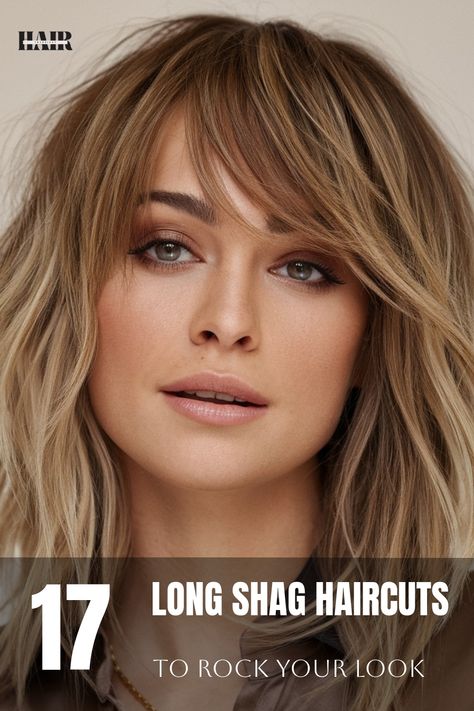 Wispy layers create a soft and airy look that adds lightness and movement to the hair. This cut is perfect for those who want a more romantic, ethereal feel to their shag. Long Shag With Wispy Bangs, Shaggy Layers With Bangs, Shaggy Bangs Medium, Shag Hair With Bangs, Long Wispy Layers, Shaggy Shoulder Length Hair, Blonde Shag Haircut, Long Shag With Bangs, Shag Haircut With Bangs