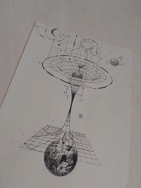 Parallel Universe Illustration, Galileo Tattoo, Physics Drawing, Math Tattoo, Physics Tattoos, Drake Tattoos, Gravity Art, Black Hole Tattoo, Astronomy Tattoo