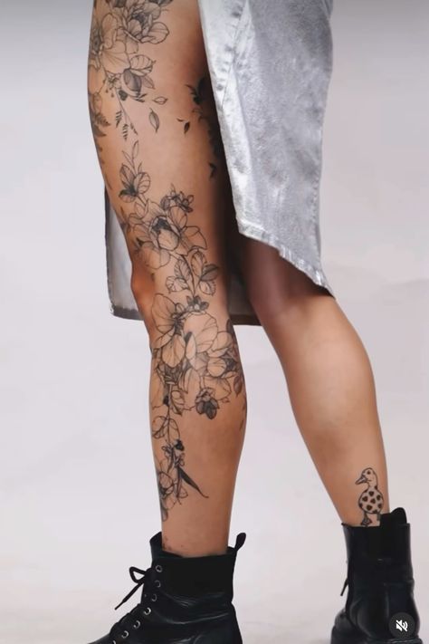 #tattoos #coupletattoos #tattoosideas #fullbodytattoos #tattoosfashions #CoolTattoos #TattooArt #InkMaster #TattooLovers #InkInspiration  #CreativeInk #TattooStyle Minimal Leg Sleeve Tattoo, Tattoo Bein Frau, Flower Leg Tattoos, Back Of Leg Tattoos, Shin Tattoo, Full Leg Tattoos, Coffee Tattoos, Pieces Tattoo, Leg Tattoos Women