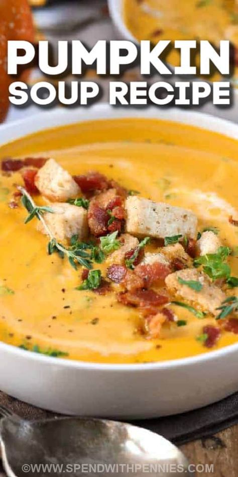 This cozy pumpkin soup is like a bowl of comfort with its creamy and savory sweet flavors, and its garnish of crumbled bacon and croutons on top. Make it with freshly roasted squash from the garden, or use a can of pumpkin puree, either way, this soup turns out delicious. Have it with some breadsticks for dipping and a crispy salad, and dinner is served. #pumpkinsoup #recipeeasy #withcannedpumpkin #spendwithpennies Soup Bisque, Creamy Pumpkin Soup Recipe, Creamy Pumpkin Soup, Recipes Pumpkin, Pumpkin Soup Recipe, Vegetarian Soup Recipes, Comfort Food Recipes Dinners, Comfort Food Recipes, Soup Recipes Slow Cooker