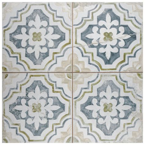 Merola Tile Kings 18" x 18" Ceramic Patterned Wall & Floor Tile | Wayfair Western Backsplash, Sicilian Tiles, White Square Tiles, Boho Tiles, Fireplace Facade, Mediterranean Tile, Patterned Wall, Tile Ceramic, Merola Tile