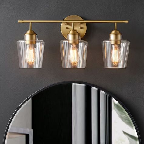 KAWOTI 22-in 3-Light Gloss Gold Modern/Contemporary Vanity Light in the Vanity Lights department at Lowes.com Simple Vanity, Bathroom Routine, Brass Vanity Light, Contemporary Vanity, Bathroom Vanity Light, Vanity Lights, Gold Bathroom, Bathroom Light Fixtures, Light Bulb Types